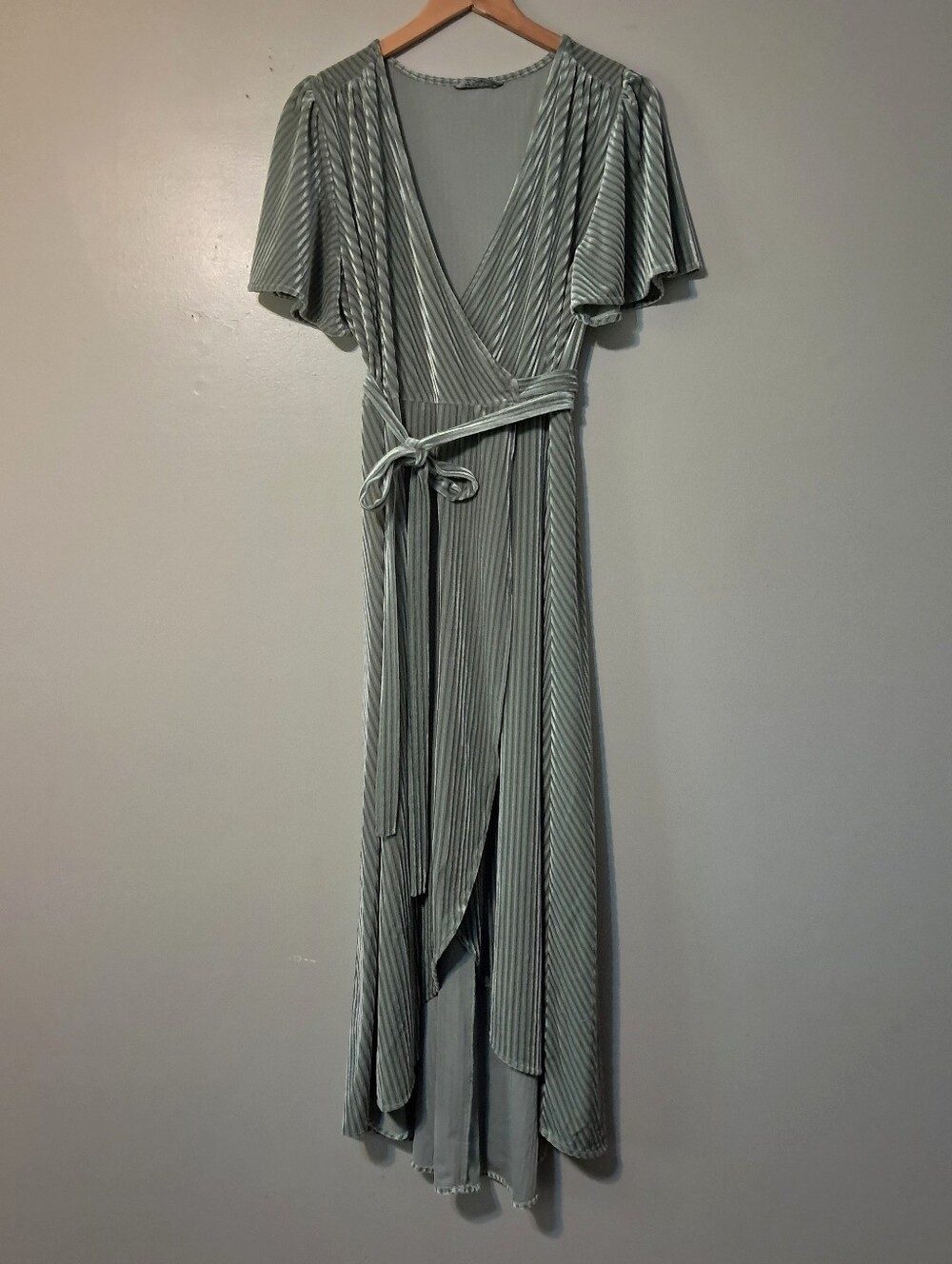 Sage Green Velvet Wrap Dress with Flutter Sleeves